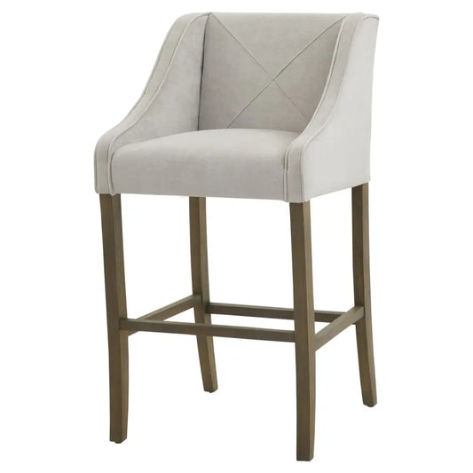 Beige upholstered epsom grey bar stool with tufted back and dark wood legs perfect for grey bar stool setups