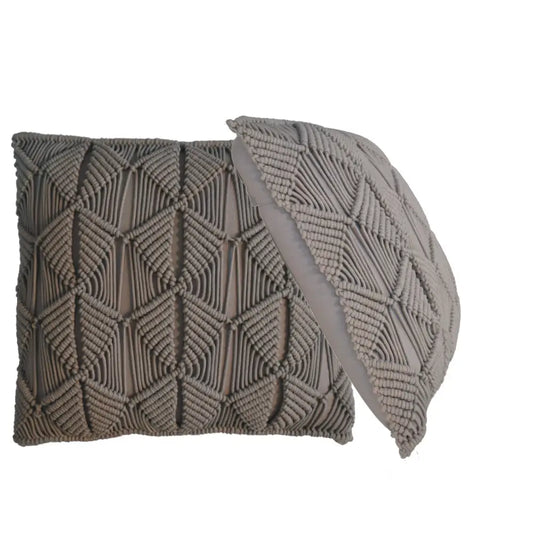 Gray macrame throw pillow with textured geometric pattern from the esmi cushion set for cozy decor