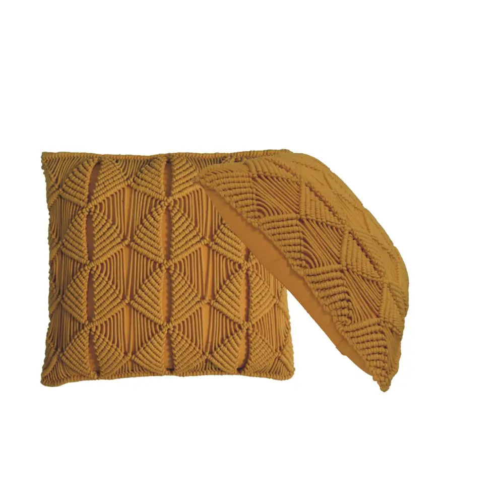 Mustard yellow macrame throw pillow with geometric pattern from esmi cushion set ideal for cozy home decor