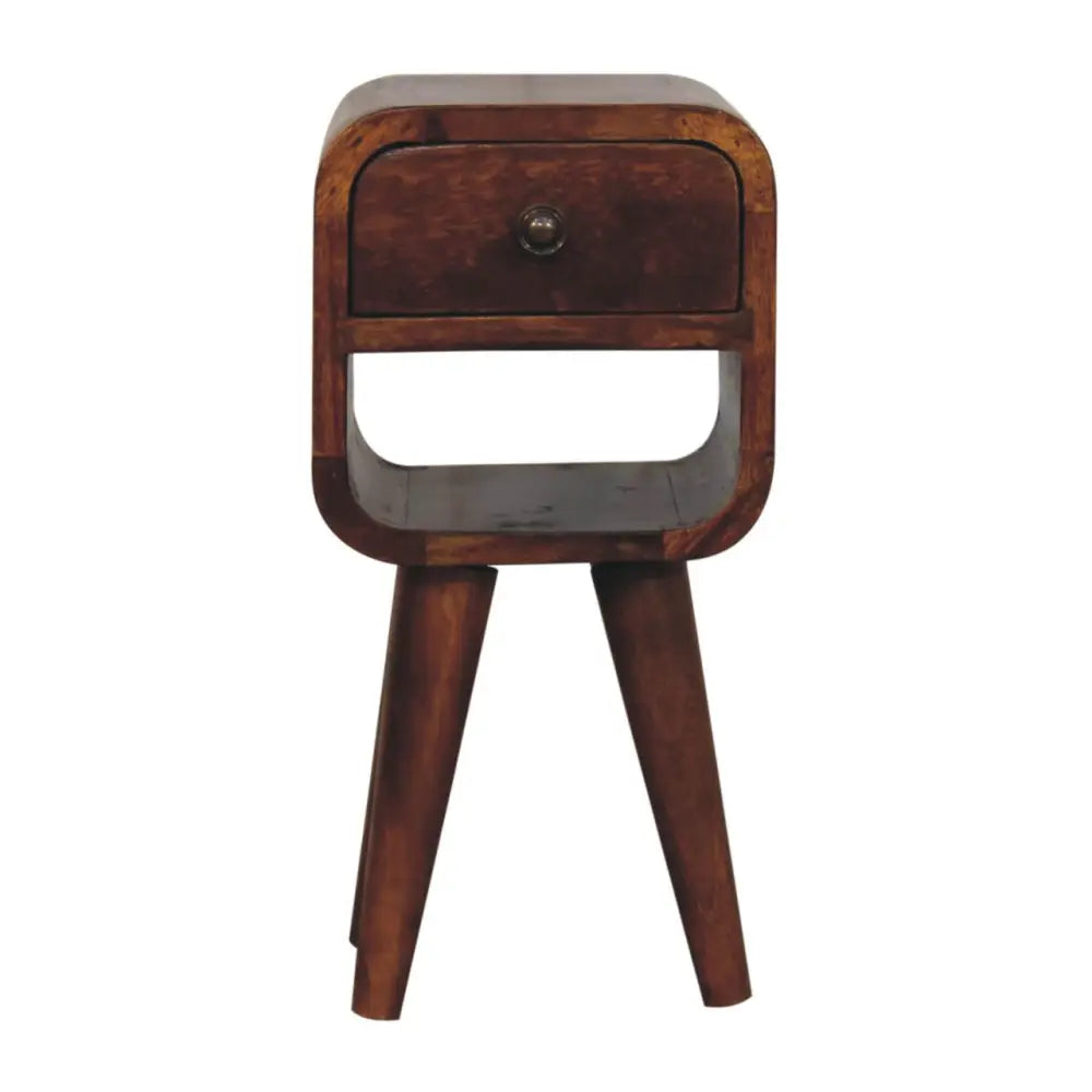 Dark brown wooden extra mini chestnut curve nightstand with single drawer and three angled legs for bedside use