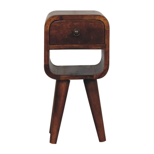 Dark brown wooden extra mini chestnut curve nightstand with single drawer and three angled legs for bedside use