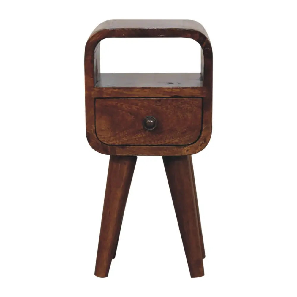Dark brown wooden extra mini chestnut nightstand with curved top, single drawer, and three angled legs for bedside use