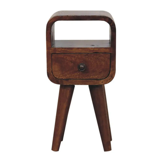 Dark brown wooden extra mini chestnut nightstand with curved top, single drawer, and three angled legs for bedside use