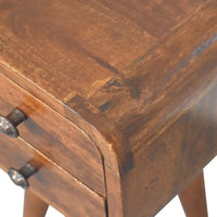 A rustic brown wooden extra mini curved chestnut bedside nightstand with two drawers and dark metal knobs
