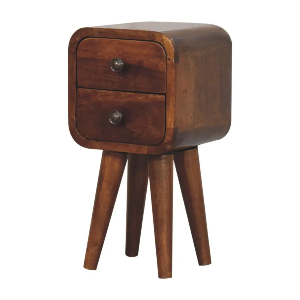 A sleek extra mini curved chestnut bedside with two drawers and tapered legs in dark brown wood