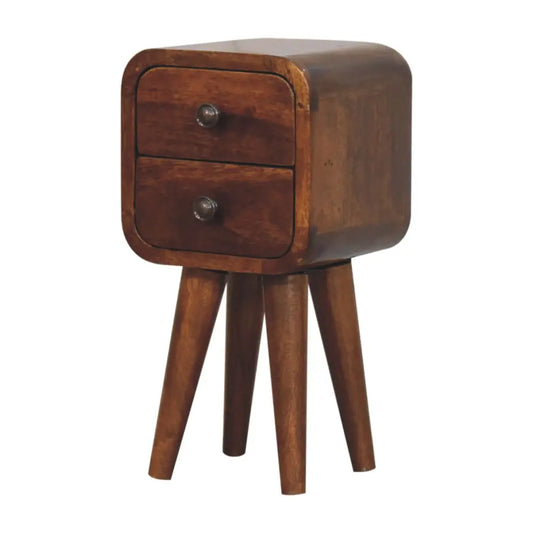 A sleek extra mini curved chestnut bedside with two drawers and tapered legs in dark brown wood