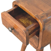 Warm brown wooden extra mini curved nightstand with a curved drawer and metal knob in chestnut finish