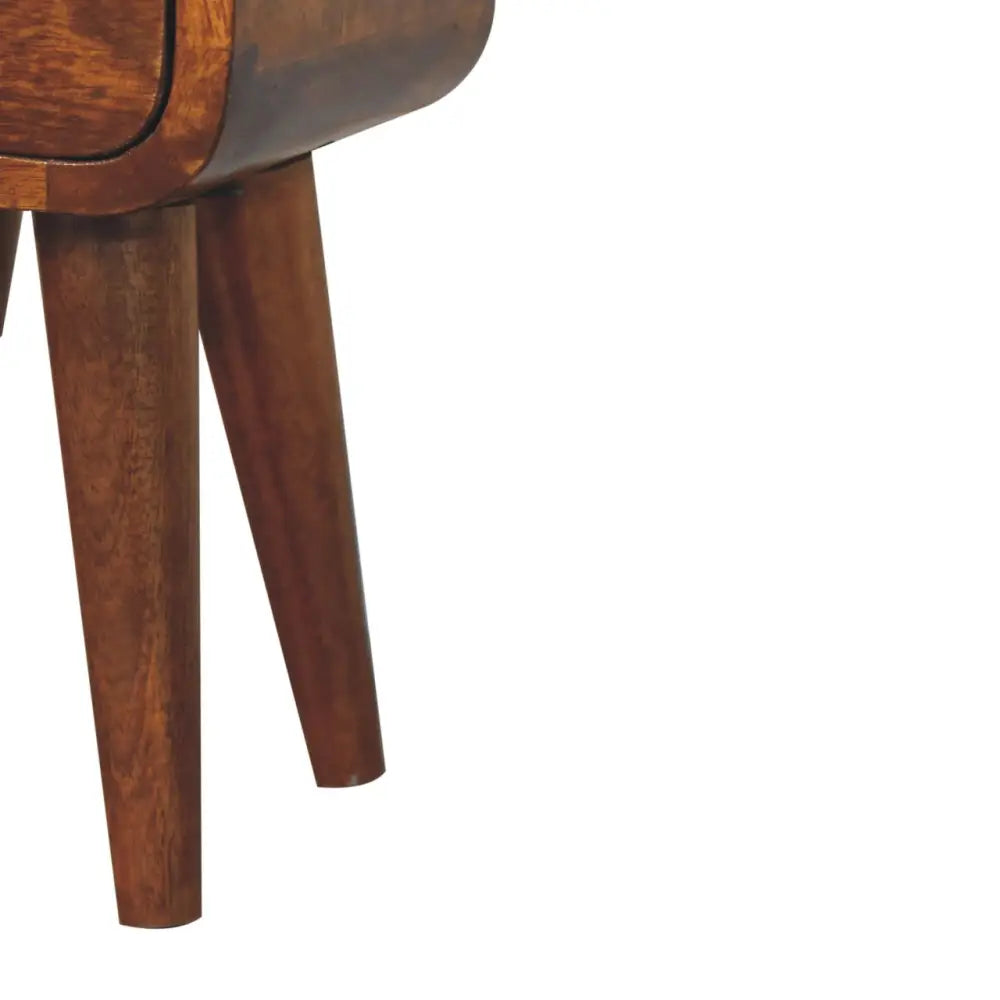 Extra mini curved chestnut wooden nightstand with tapered legs and curved drawer front for bedside use