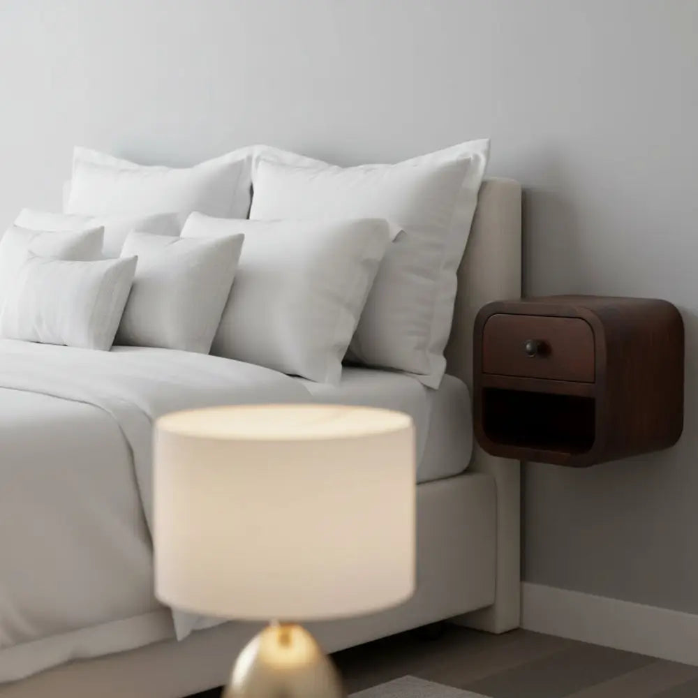 A sleek dark wood extra mini curved chestnut nightstand with single drawer and open shelf below