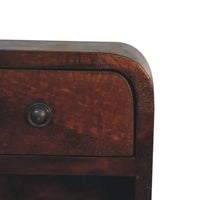 Dark brown burled wood extra mini curved nightstand with round black metal drawer pull and open slot storage