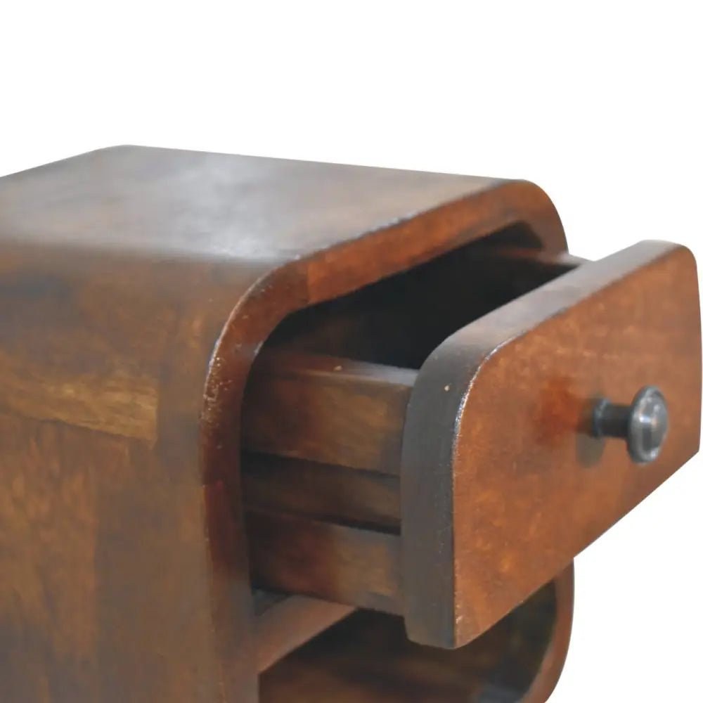 Rustic extra mini curved chestnut wooden nightstand with curved drawer and round metallic knob for bedside use
