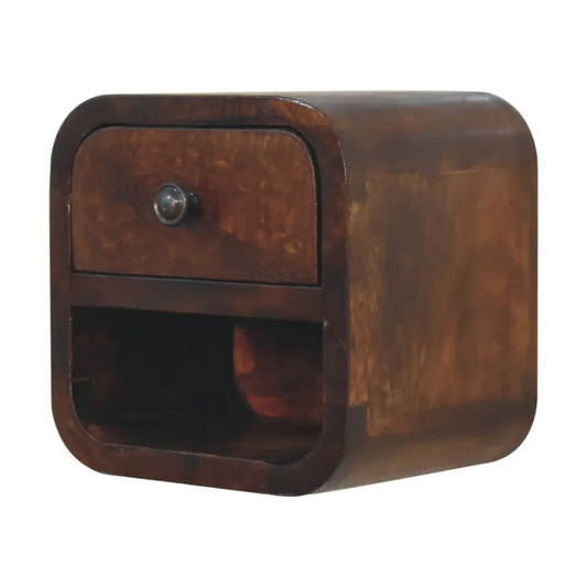 Dark brown wooden extra mini curved chestnut bedside with single drawer and rounded edges for compact spaces