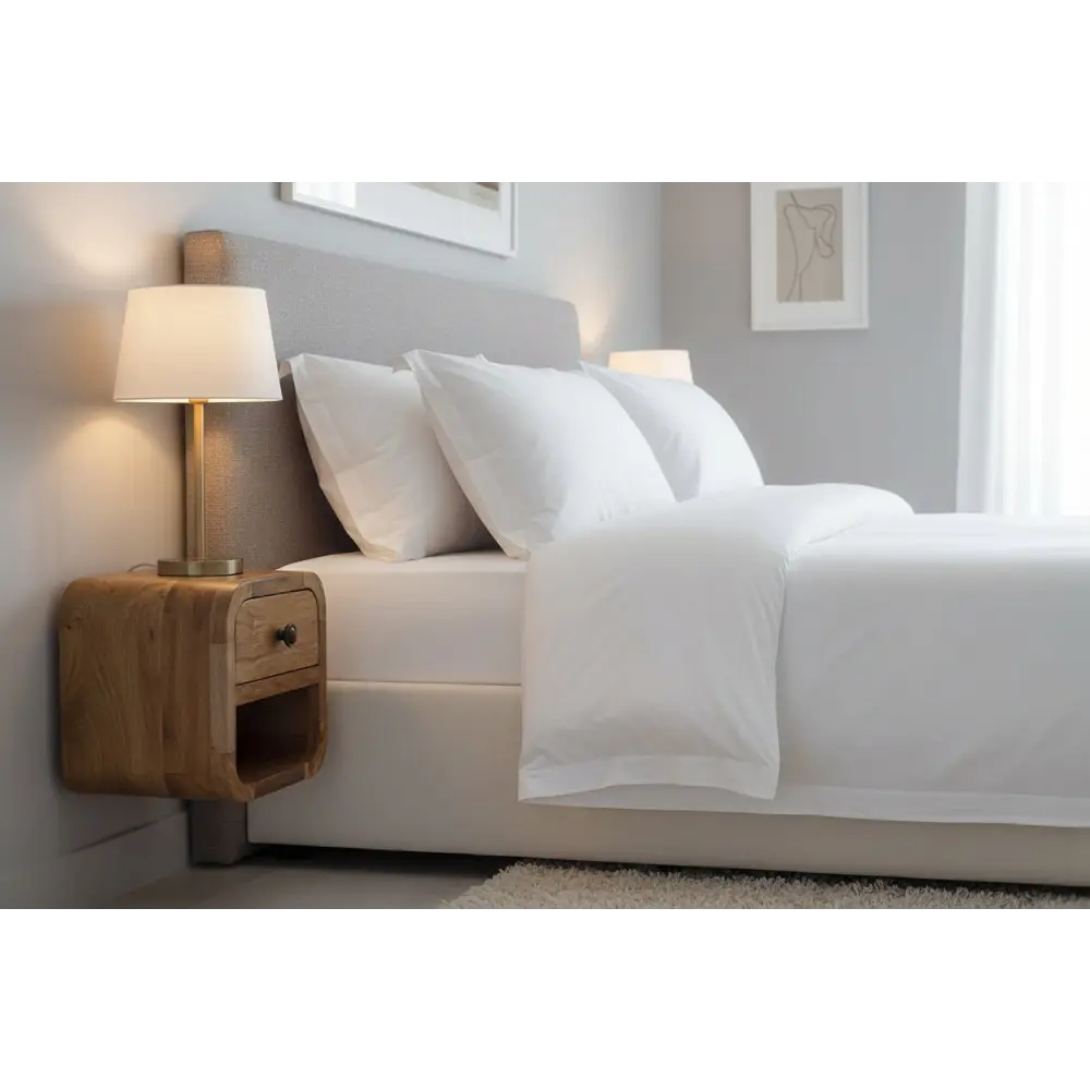 White bed with crisp linens and gray upholstered headboard next to extra mini curved oak-ish bedside with open slot