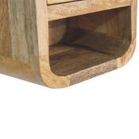 Rustic extra mini curved oak-ish bedside nightstand with open slot and natural wood grain finish