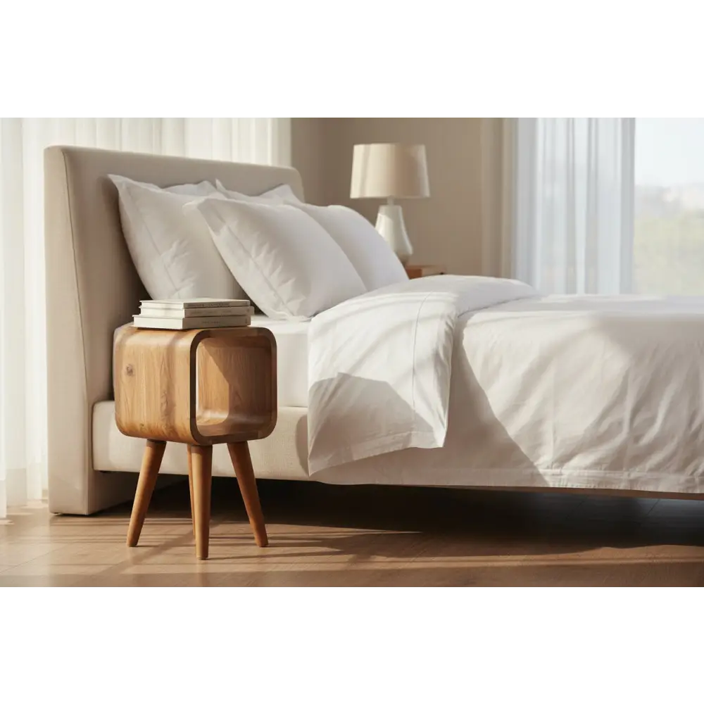 A sleek extra mini minimalist light wood nightstand with curved oak design and tapered legs for bedside use