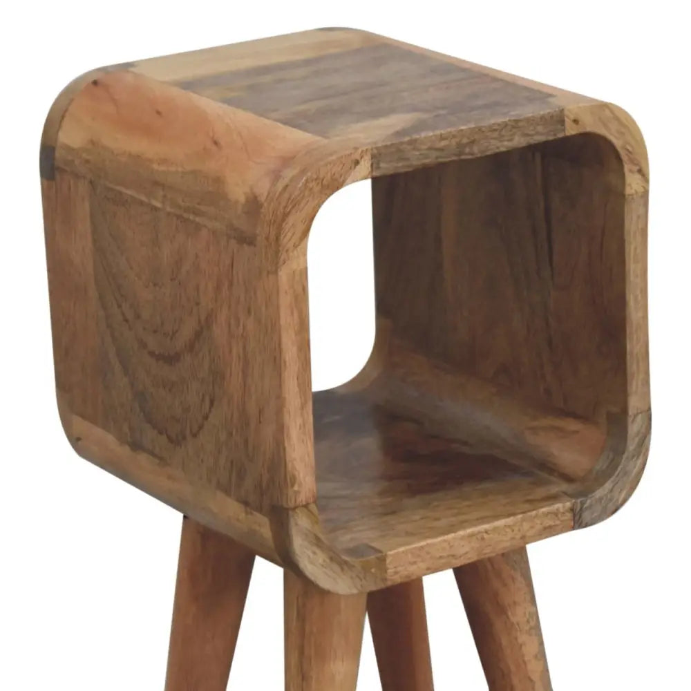 Extra mini minimalist reclaimed wood cube side table with rounded edges and three tapered legs in oak finish