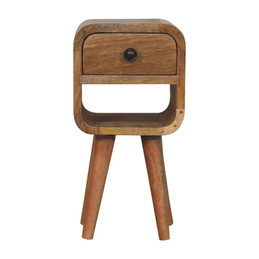 A rustic wooden extra mini curve lower bedside nightstand with a single drawer and black round knob