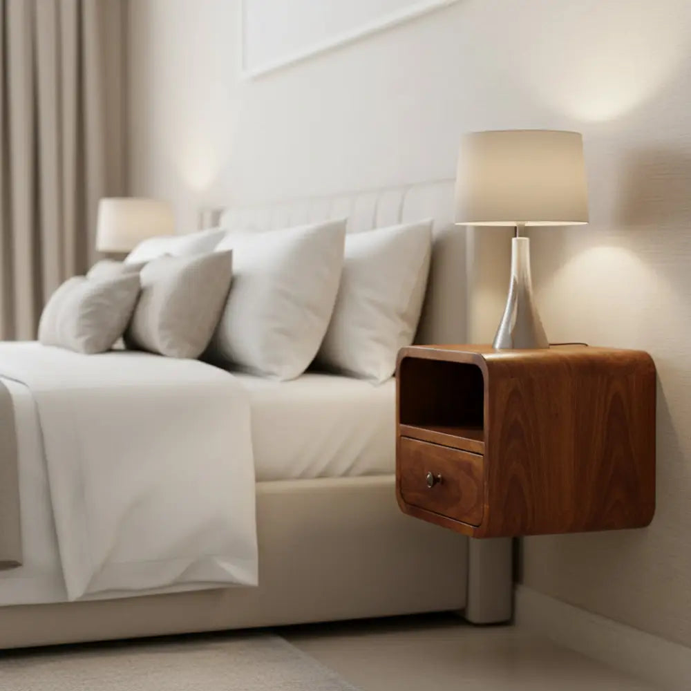 A sleek medium-brown wooden extra mini wall mounted curved chestnut bedside with single drawer and open slot