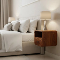 A sleek medium-brown wooden extra mini wall mounted curved chestnut bedside with single drawer and open slot