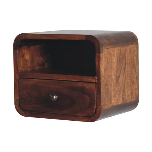 Dark brown wooden extra mini wall mounted nightstand with single drawer and rounded edges for bedside use
