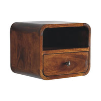Rich brown wooden extra mini wall mounted curved chestnut bedside with single drawer and open slot shelf