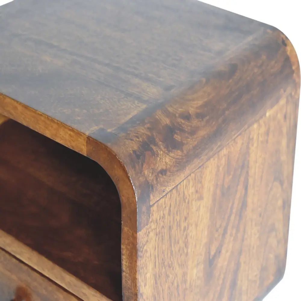 Dark brown wooden extra mini wall mounted curved chestnut bedside with open slot and visible grain patterns