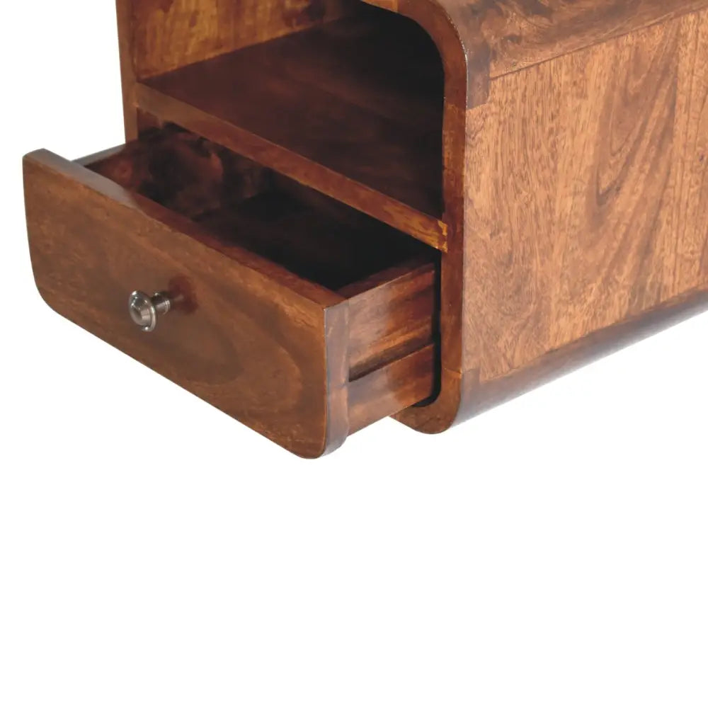 Rich brown wooden extra mini wall mounted curved chestnut bedside with a single drawer and silver knob
