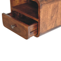 Rich brown wooden extra mini wall mounted curved chestnut bedside with a single drawer and silver knob