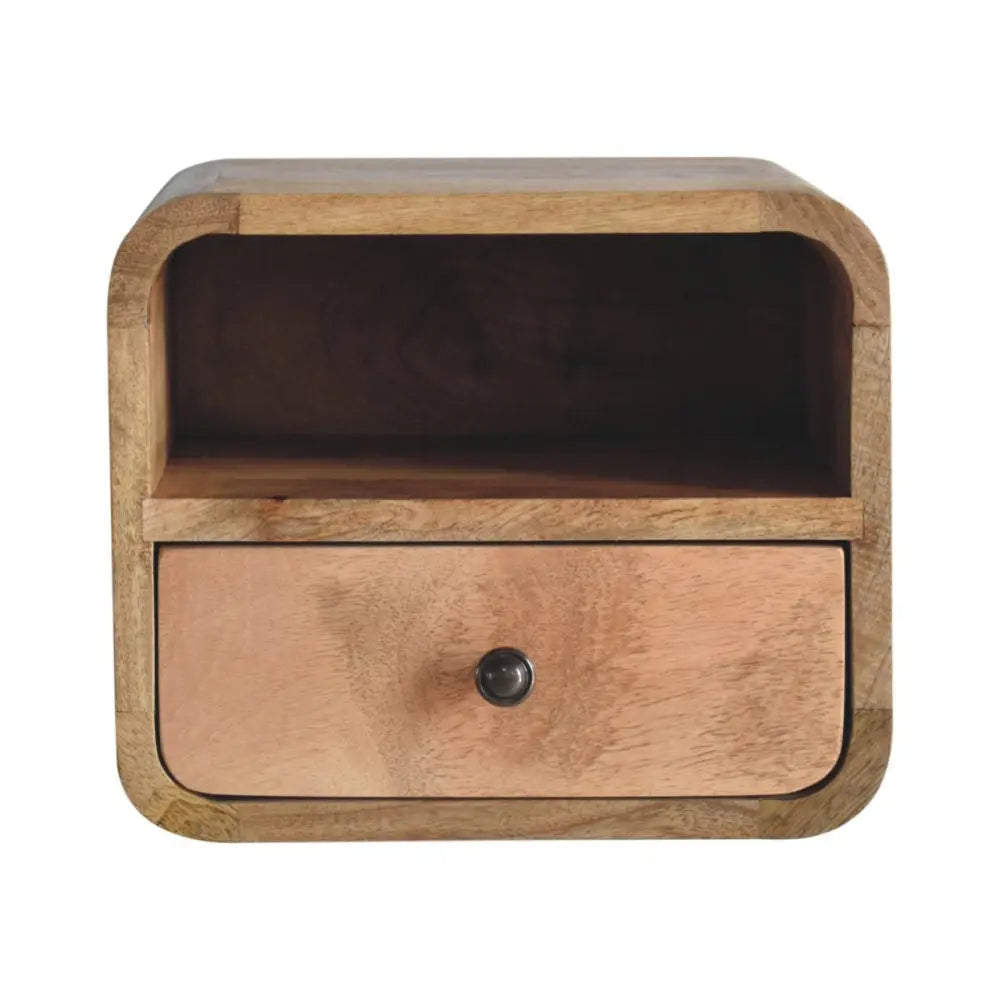 A rustic extra mini wall mounted oak-ish bedside with a single drawer, open slot, and dark metal knob