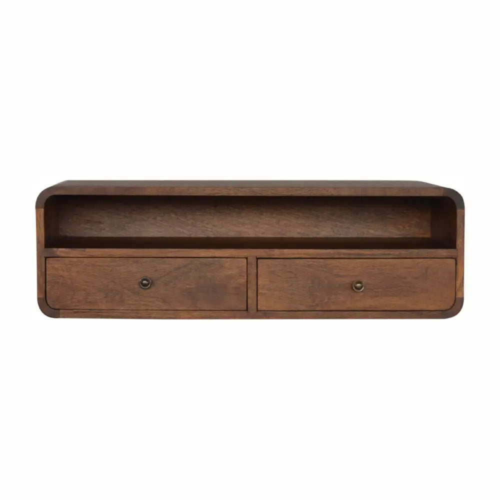A sleek dark brown wooden floating chestnut open console with two drawers and a central open compartment mounted on wall