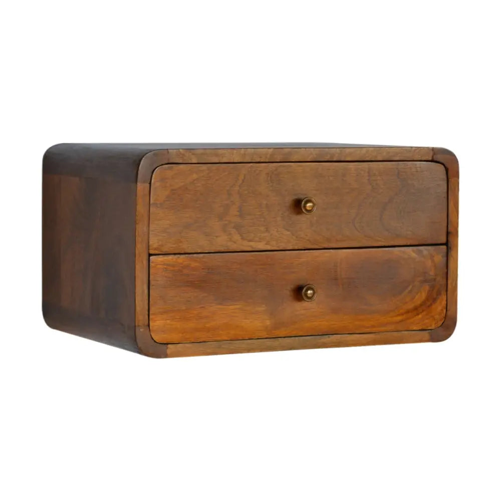 A rustic wooden floating curved chestnut two-drawer bedside organizer with rounded edges and medium-brown finish