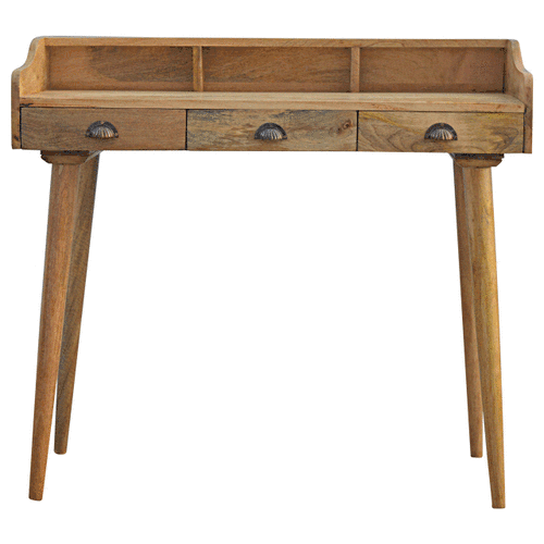 Rustic shell writing desk with three drawers and dark metal handles in natural wood grain finish