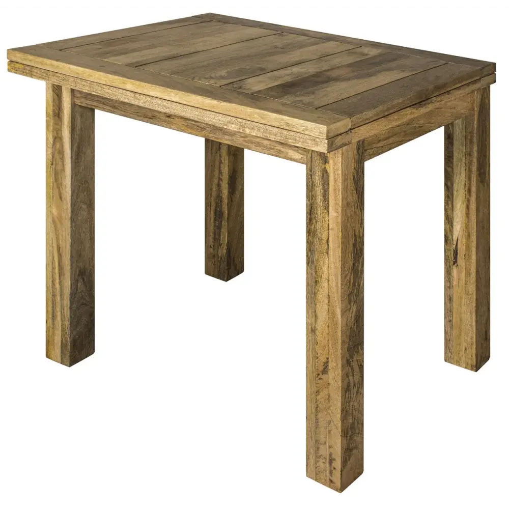 Rustic wooden end table with weathered brown finish and visible grain complements granary butterfly dining table