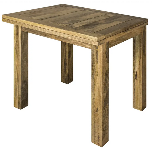 Rustic wooden end table with weathered brown finish and visible grain complements granary butterfly dining table