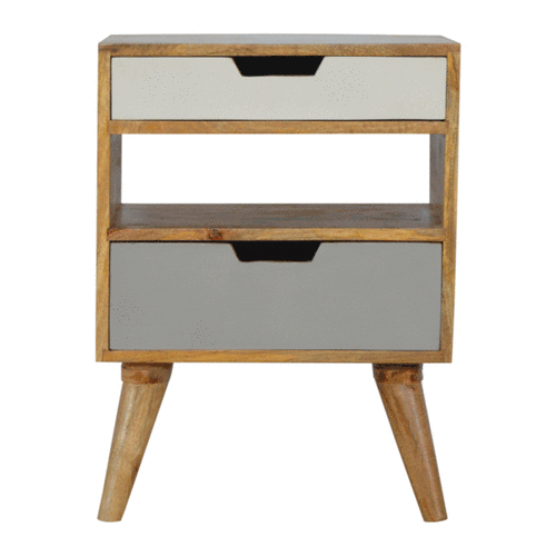 Mid-century modern nightstand with two drawers and white and gray fronts in natural wood for luxury furniture for modern homes