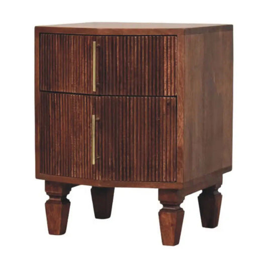 Dark brown harper nightstand with two drawers, vertical ribbed paneling, slender gold handles, made of solid mango wood