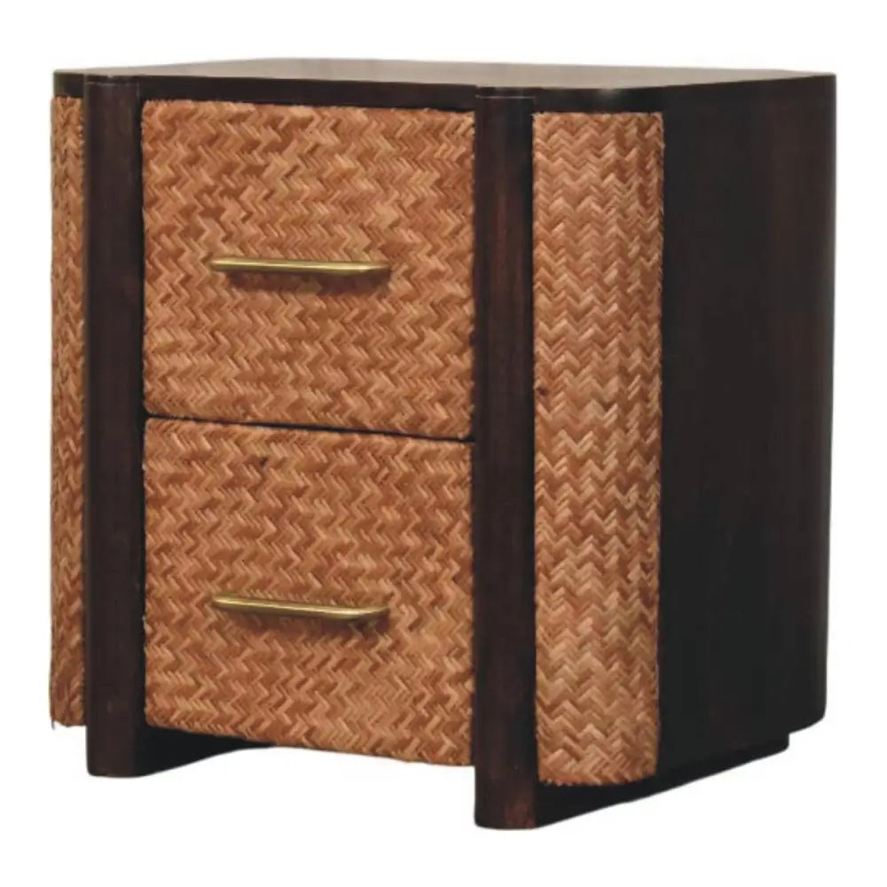 Dark wood havana canefront drawers nightstand with two woven natural brown rattan panels and brass handles