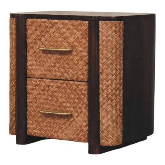 Dark wood havana canefront drawers nightstand with two woven natural brown rattan panels and brass handles