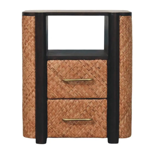 This havana nightstand features a modern two-drawer design with black solid mango wood sides and tan rattan panels