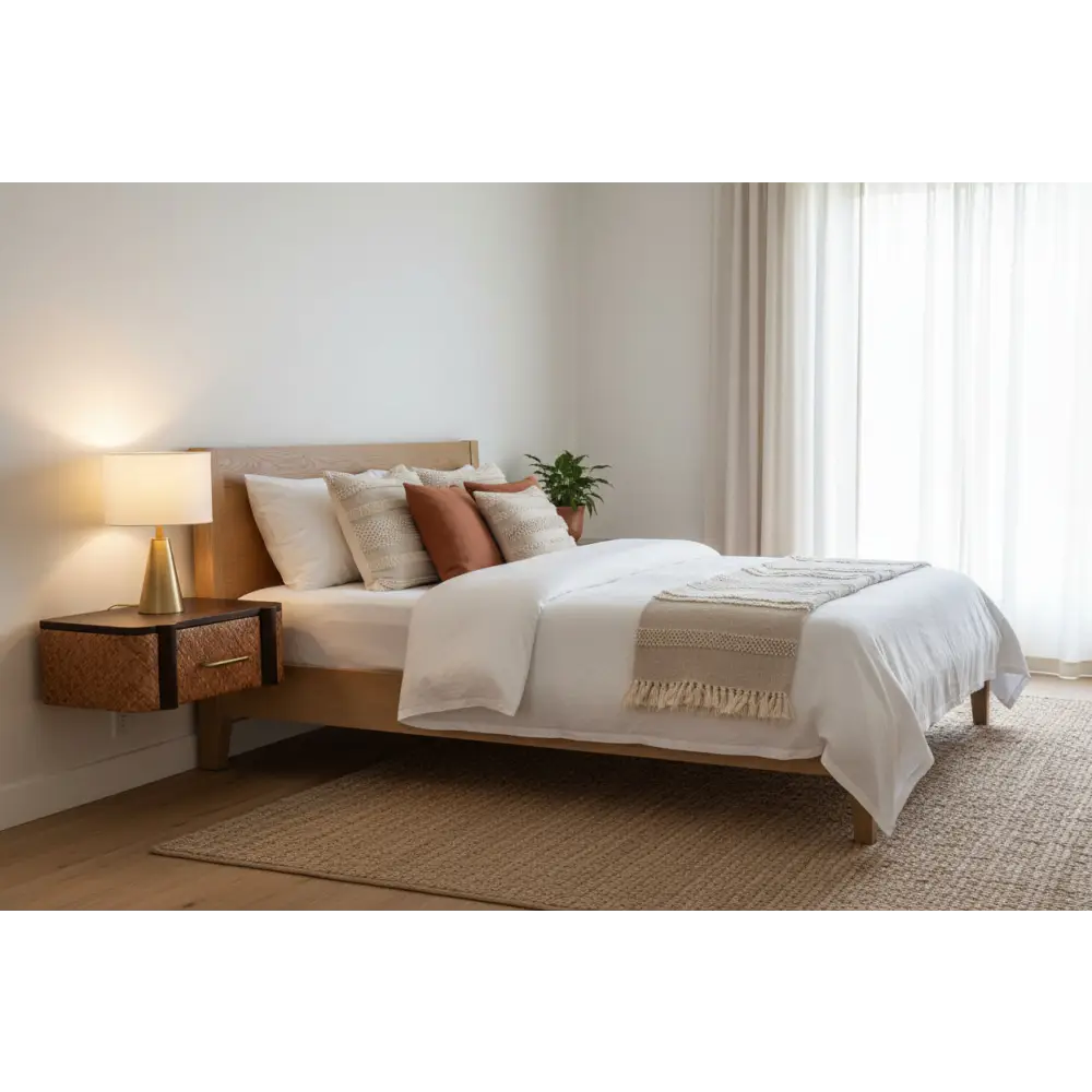 A minimalist wooden bed with a simple headboard and matching nightstand in light natural solid mango wood finish