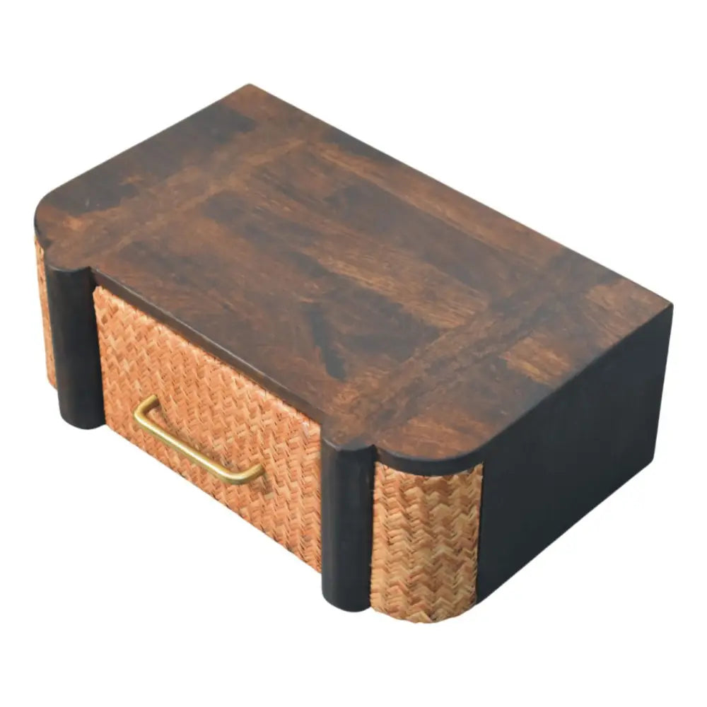 Havana wall-mounted bedside featuring dark solid mango wood and woven rattan box with brass handle