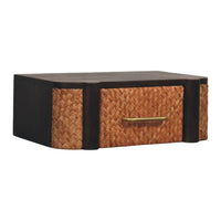 Havana wall-mounted bedside with dark solid mango wood drawer, woven brown rattan sides, and brass handle