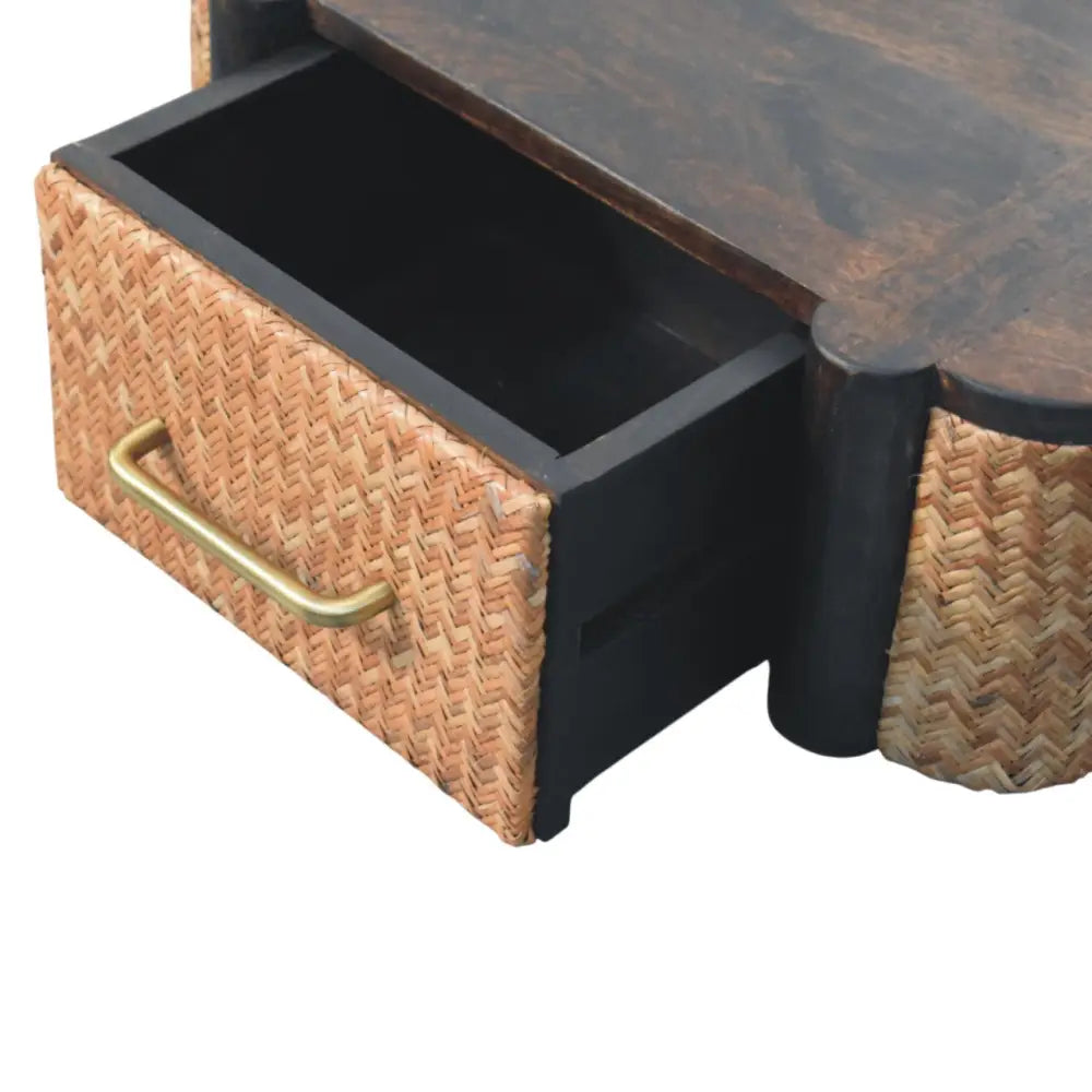 Havana wall-mounted bedside with woven rattan drawer, black frame, brass handle, made from solid mango wood