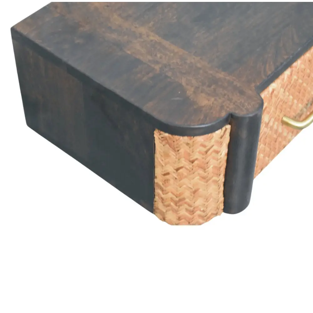 Dark wood havana wall-mounted bedside with woven rattan and brass handle made from solid mango wood