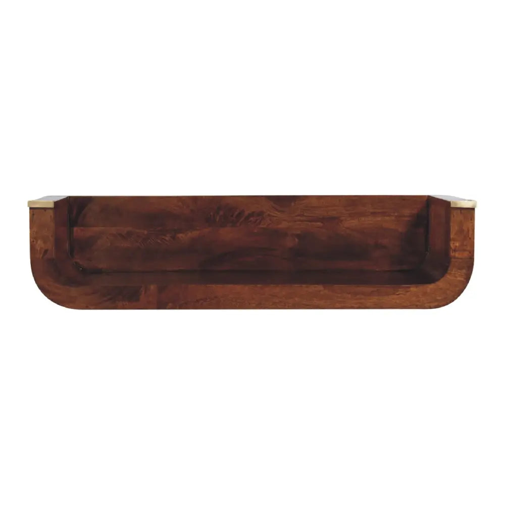 Dark brown wooden chestnut floating console with curved front and brass metal accents for stylish storage