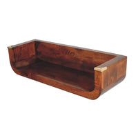 Rich mahogany chestnut floating console with curved edges and light metal corner accents in a sleek floating design