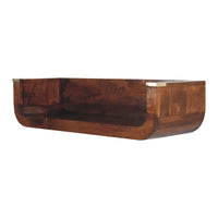 A sleek dark brown wooden chestnut floating console with rounded edges and metallic accents on top corners