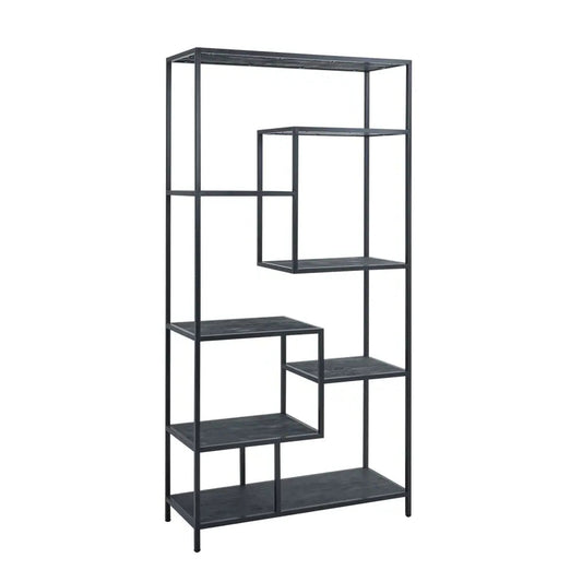 Large black multi shelf unit with black metal frame and wood shelves featuring a modern geometric design