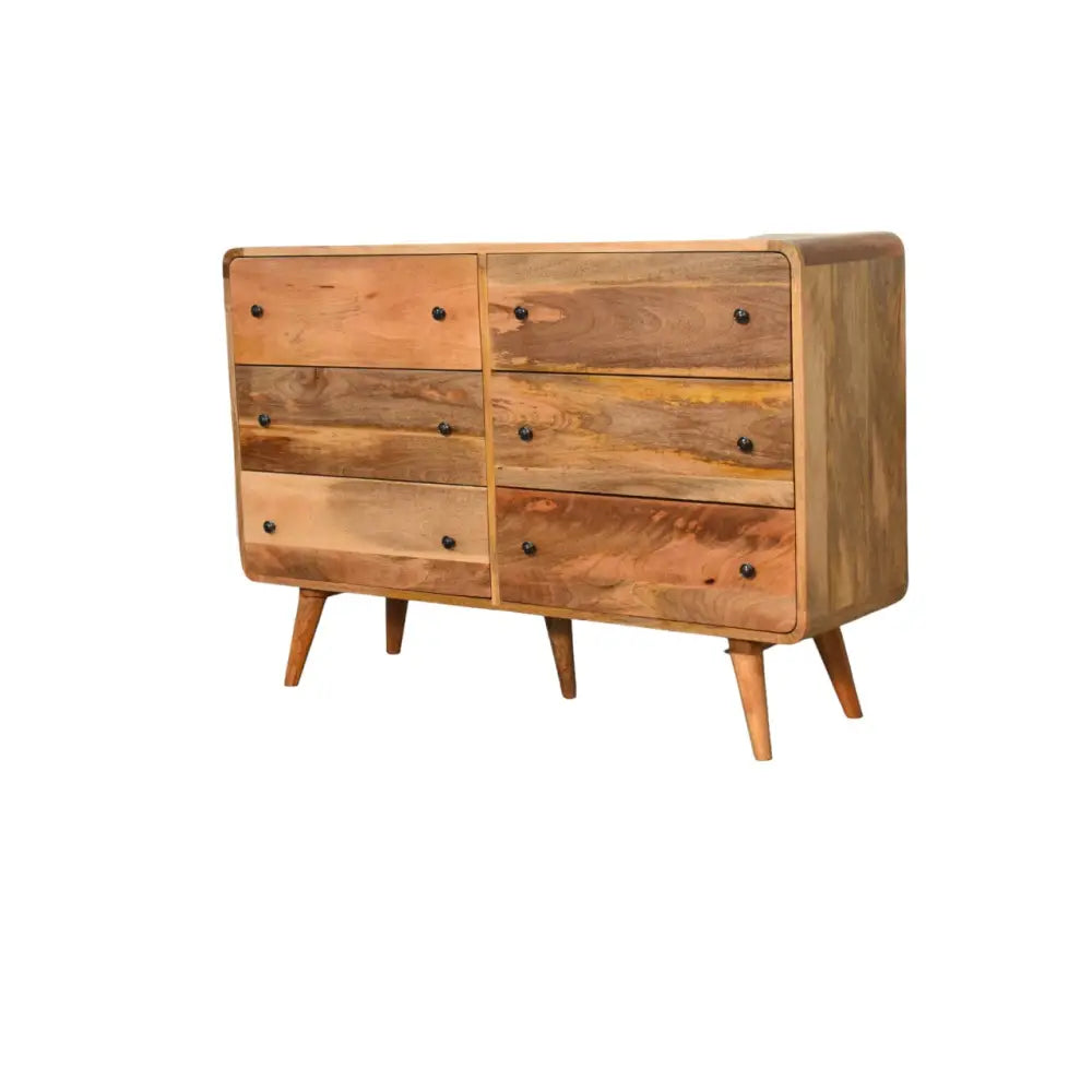 Large curved reclaimed wood dresser with six drawers black knobs and tapered legs luxury furniture for modern homes