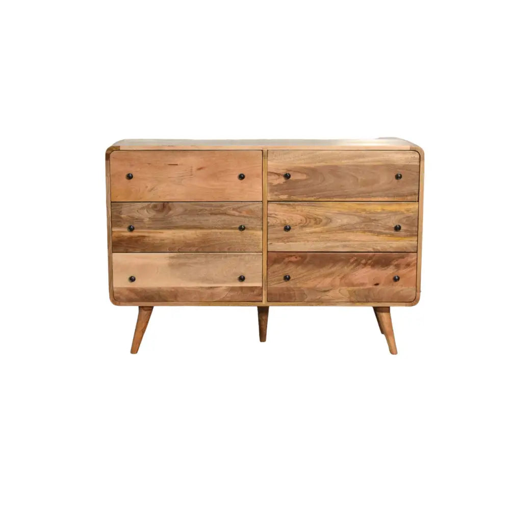 Large curved mid-century modern wooden dresser with six drawers natural wood grain and black knobs luxury furniture for modern homes